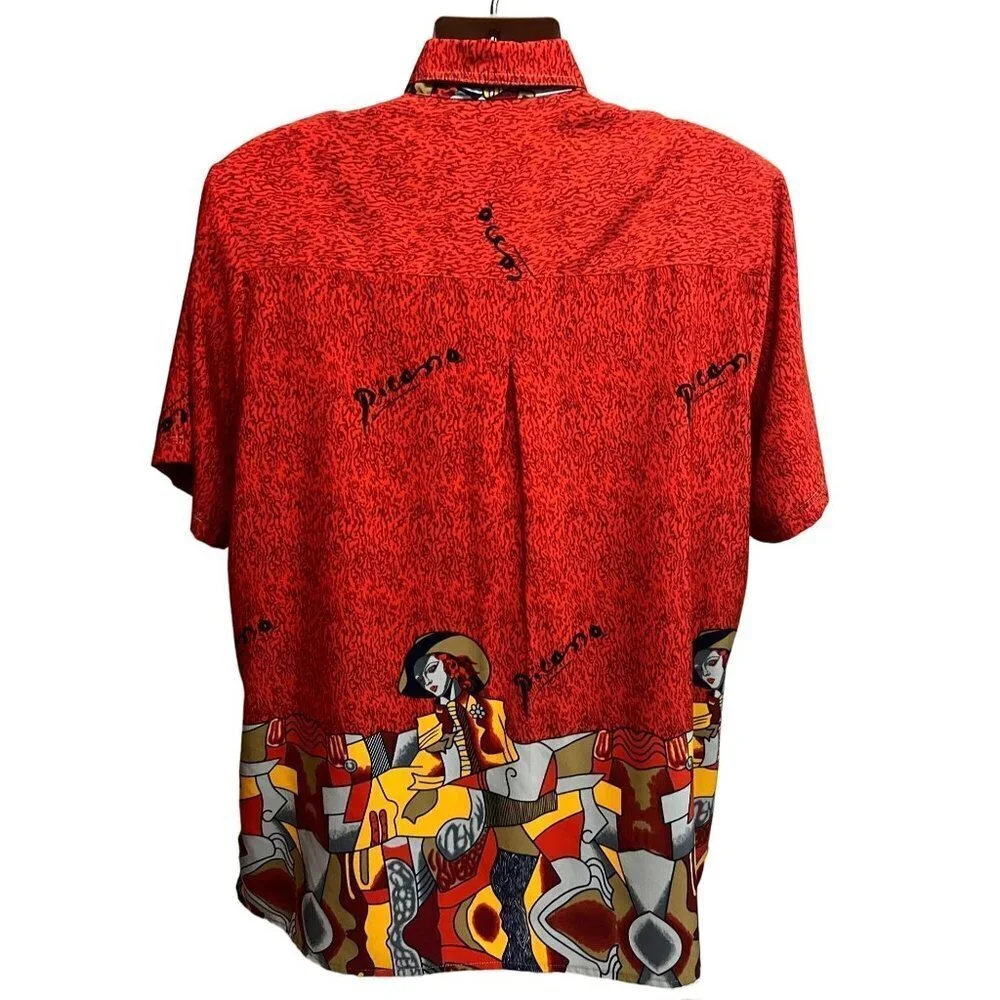Pablo Picasso Vintage 80s Pop Art Print Red Button Front Camp Shirt XL Pocket